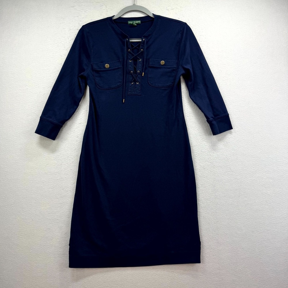 Ralph Lauren Bodycon Dress Women's Medium Blue Cotton Chest Pockets Lace-Up Neck